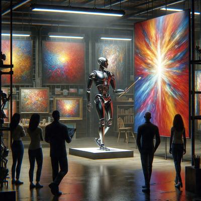 The primary subject of the image is a robot statue, which is the main focus of the scene. The robot statue is standing in a room with a large painting behind it. The setting appears to be an art gallery or a museum, as there are multiple paintings on display. The visual style of the image is a combination of photo and digital art, creating a unique and intriguing atmosphere. The dominant colors in the image are black, silver, and red, which contribute to the robot's futuristic and technological appearance.